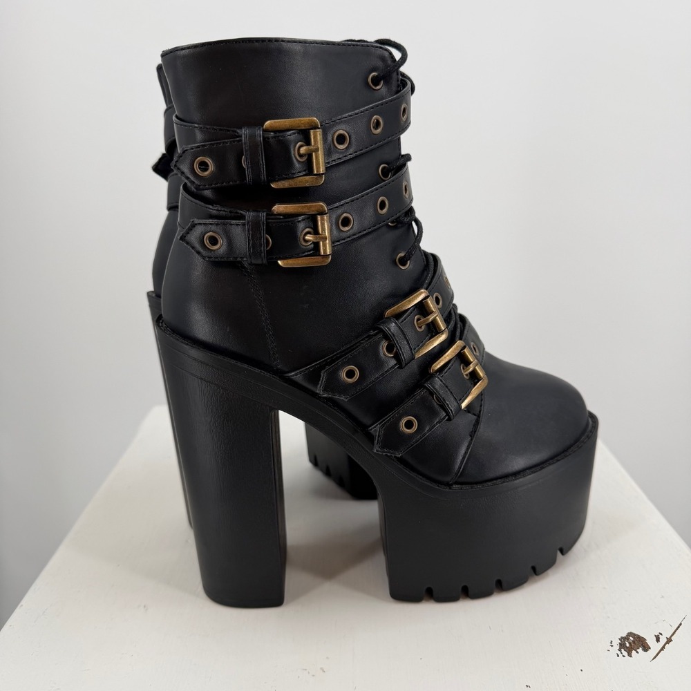 Womens Size 6 Black Platform Boots Goth Punk Buckle Strap Chunky Heel - Picture 15 of 16